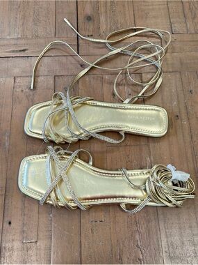 Azalea Wang Metallic Rhinestone Flat Strappy Sandals Women’s 11 Gold Gladiator